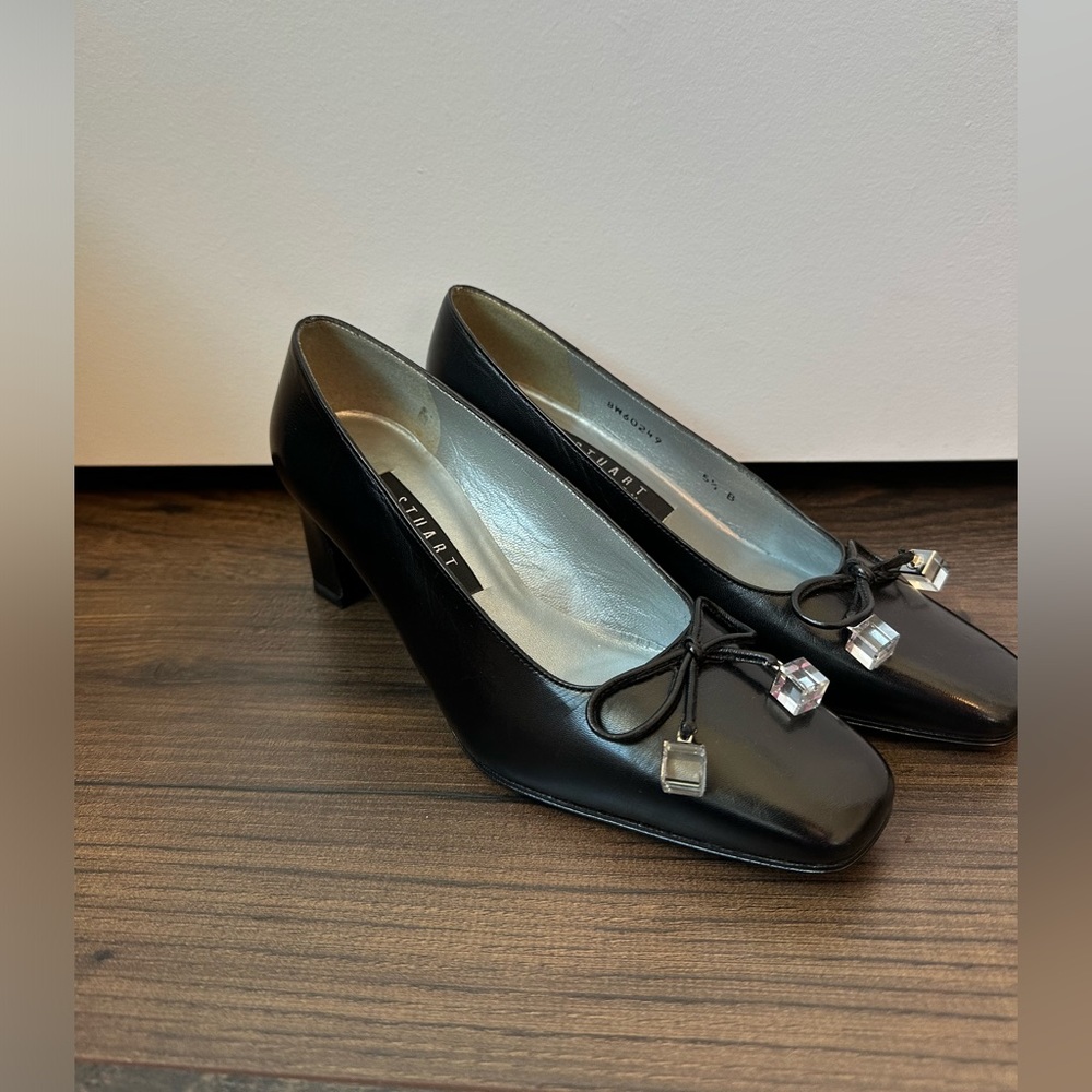 Stuart Weitzman Black Leather Mid Heel Pumps with Crystal Charms - Picture 4 of 15